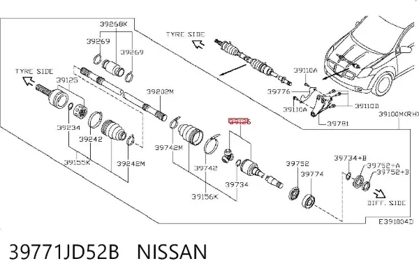 Przegub homokinetyczny wewnętrzny przedni prawy 39771JD52B Nissan/Infiniti