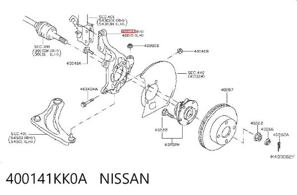 Czop (zwrotnica) przedni prawy 400141KK0A Nissan/Infiniti