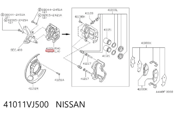 Zacisk hamulcowy przedni lewy 41011VJ500 Nissan/Infiniti