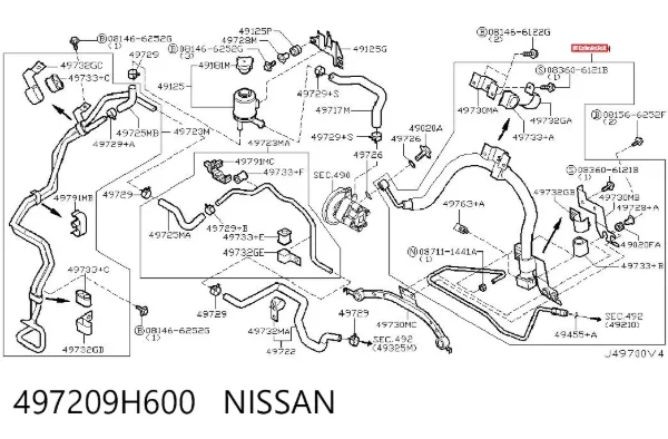 Przewód hydraulicznego układu wspomagania wysokiego ciśnienia, od pompy do maglownicy (mechanizmu) 497209H600 Nissan/Infiniti