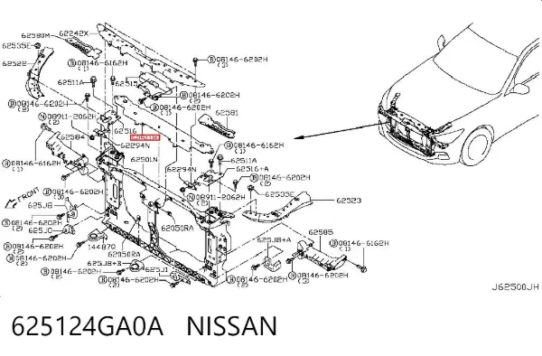 Osłona chłodnicy prawa (panel mocowania reflektorów) 625124GA0A Nissan/Infiniti