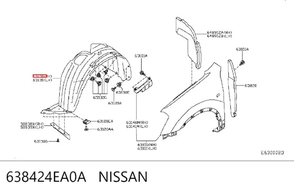 Nadkole błotnika przedniego prawe 638424EA0A Nissan/Infiniti