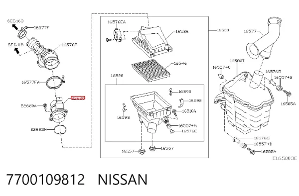 Czujnik przepływu powietrza, przepływomierz powietrza M.A.F. 7700109812 Nissan/Infiniti