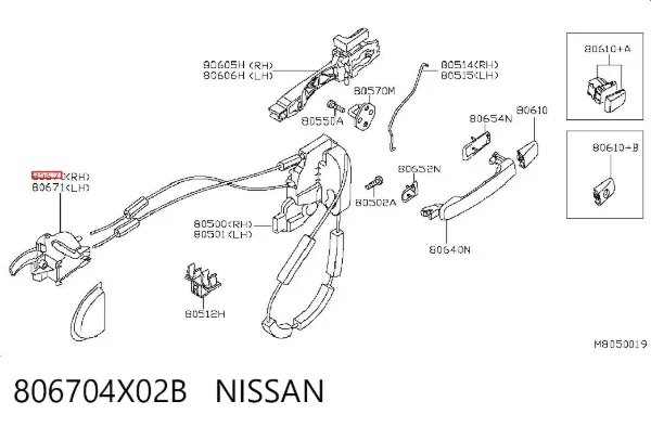Klamka drzwi prawych przednia/tylna wewnętrzna 806704X02B Nissan/Infiniti