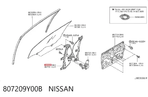 Mechanizm podnoszenia szyby drzwi przednich prawych Nissan Teana J31
