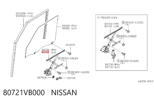 Mechanizm podnoszenia szyby drzwi przednich lewych 80721VB000 Nissan/Infiniti