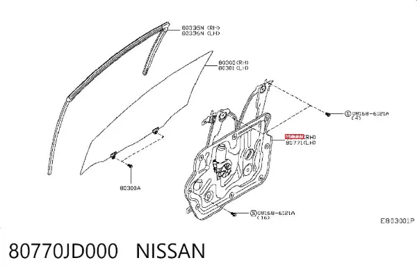 Mechanizm podnoszenia szyby drzwi przednich prawych 80770JD000 Nissan/Infiniti