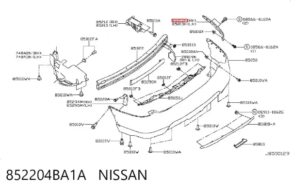 Prowadnica zderzaka tylnego prawa 852204BA1A Nissan/Infiniti