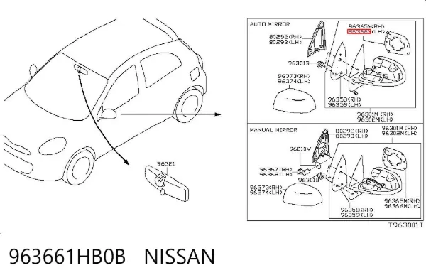 Wkład lusterka wstecznego lewego 963661HB0B Nissan/Infiniti