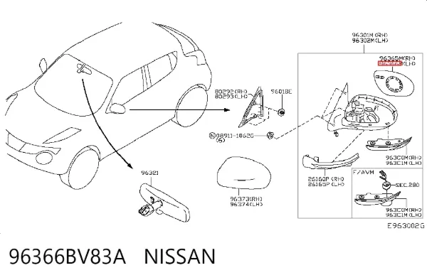 Wkład lusterka wstecznego lewego 96366BV83A Nissan/Infiniti