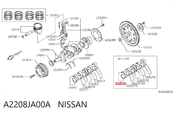 Panewki główne wału korbowego, zestaw, 1. naprawa (+0,25) A2208JA00A Nissan/Infiniti