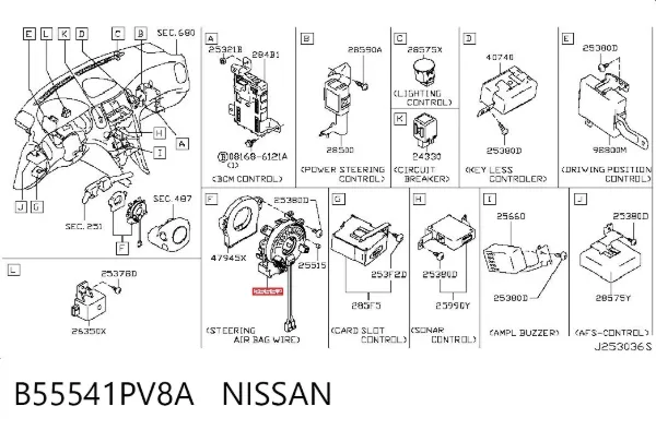 Pierścień kontaktowy AIRBAG, taśma kierownicy B55541PV8A Nissan/Infiniti