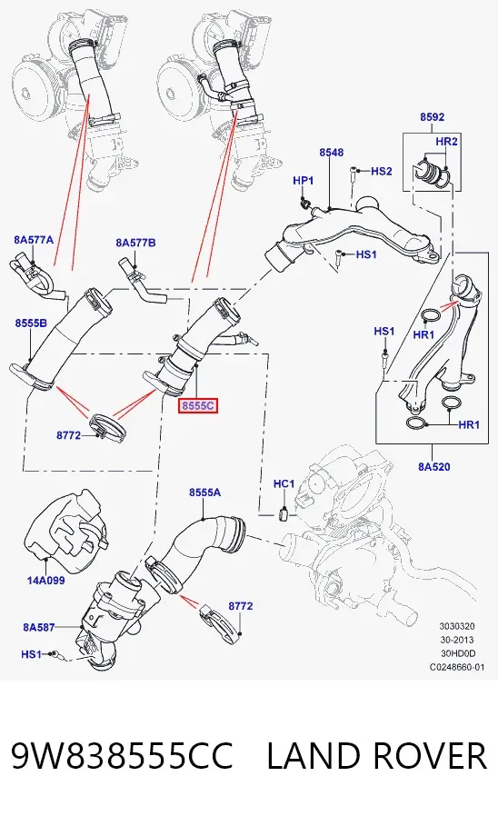 Przewód (króciec) termostatu 9W838555CC Land Rover