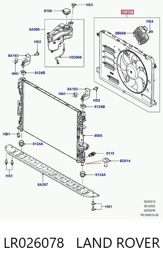 Dyfuzor chłodnicy, w komplecie z silnikiem i wirnikiem LR026078 Land Rover