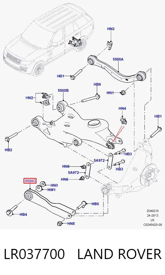 Wahacz zawieszenia tylnego dolny lewy LR037700 Land Rover