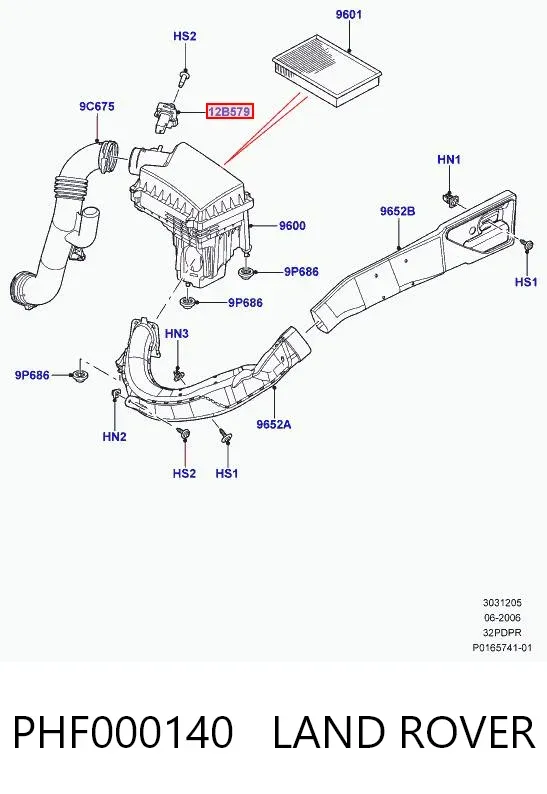 Czujnik przepływu powietrza, przepływomierz powietrza M.A.F. PHF000140 Land Rover