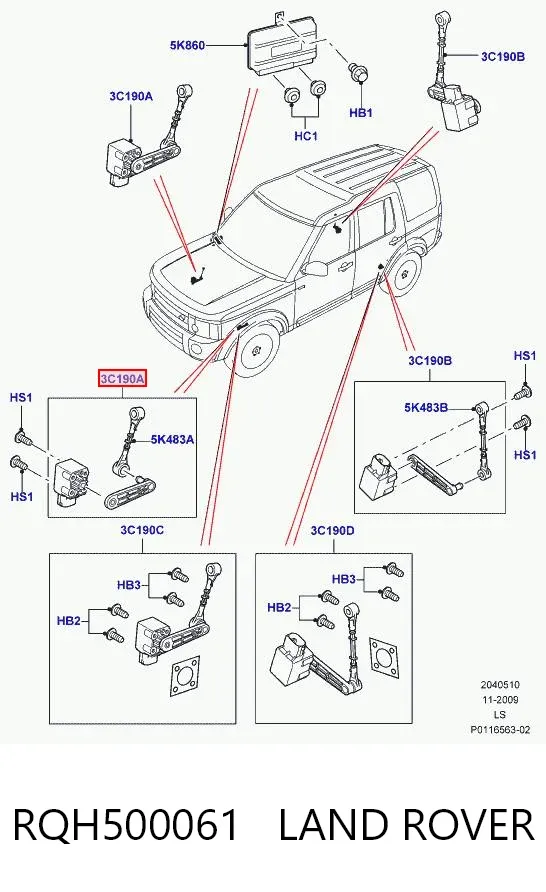 Czujnik położenia pojazdu przedni prawy RQH500061 Land Rover