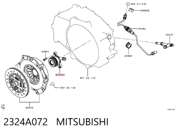 Cylinder roboczy sprzęgła (wysprzęglik) w komplecie z łożyskiem wyciskowym 2324A072 Mitsubishi