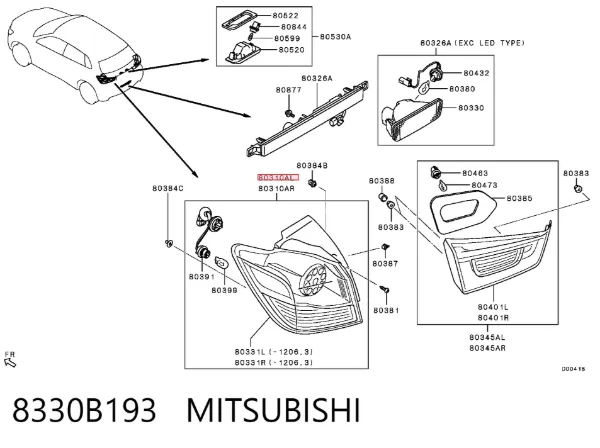 Lampa zespolona tylna lewa zewnętrzna 8330B193 Mitsubishi