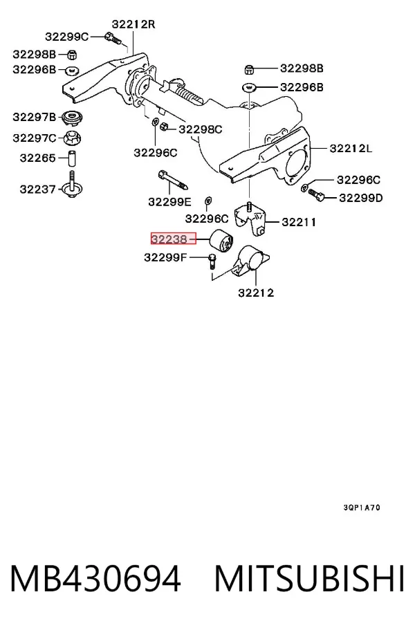 Silentblock trawersu do mocowania przedniego reduktora lewy MB430694 Mitsubishi