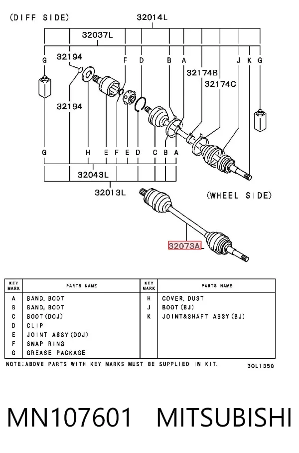 Półoś napędowa przednia lewa MN107601 Mitsubishi