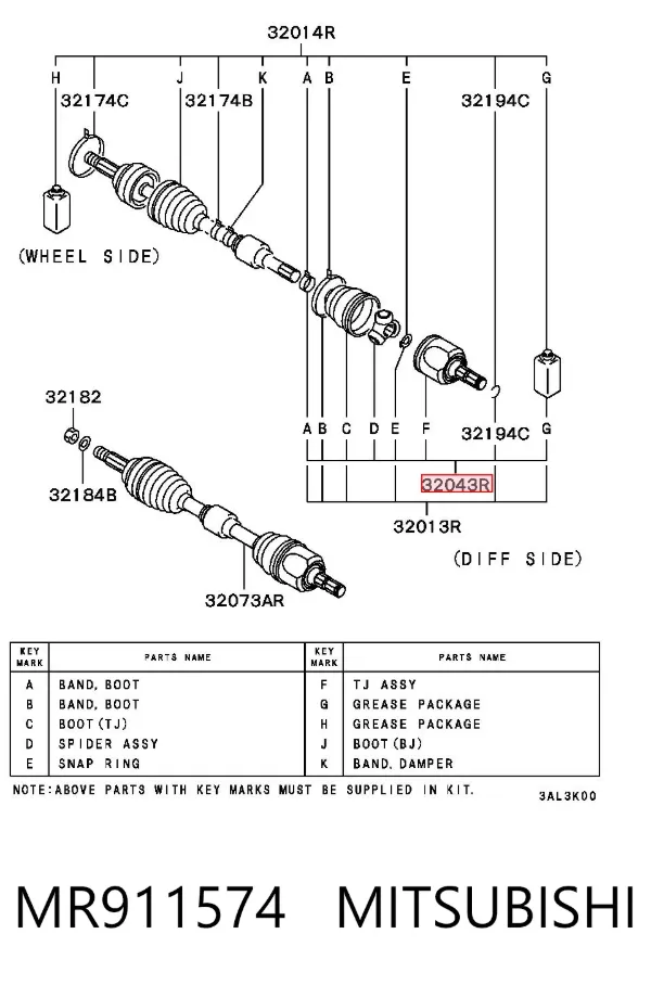 Przegub homokinetyczny wewnętrzny przedni prawy MR911574 Mitsubishi