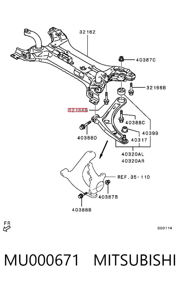 Śruba mocująca belkę przednią (ramę pomocniczą) MU000671 Mitsubishi