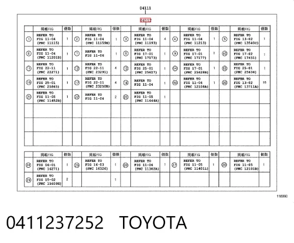 Zestaw uszczelek silnika górny 0411237252 Toyota