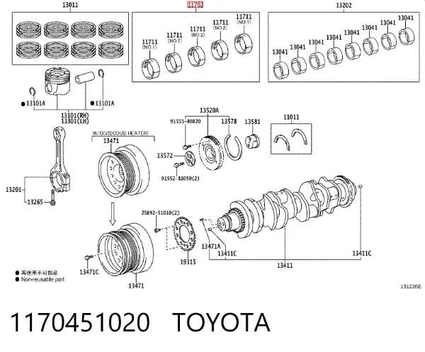 Panewki główne wału korbowego, zestaw, 1. naprawa (+0,25) 1170451020 Toyota