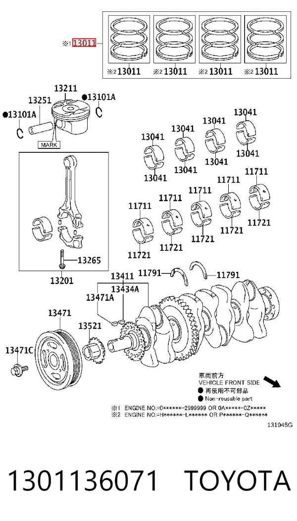 Pierścienie tłokowe na 1 cylinder, STD. 1301136071 Toyota