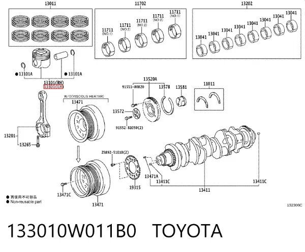 Tłok ze sworzniem bez pierścieni, STD 133010W011B0 Toyota