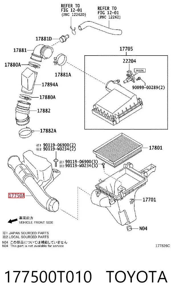 Wlot powietrza do filtra powietrza 177500T010 Toyota