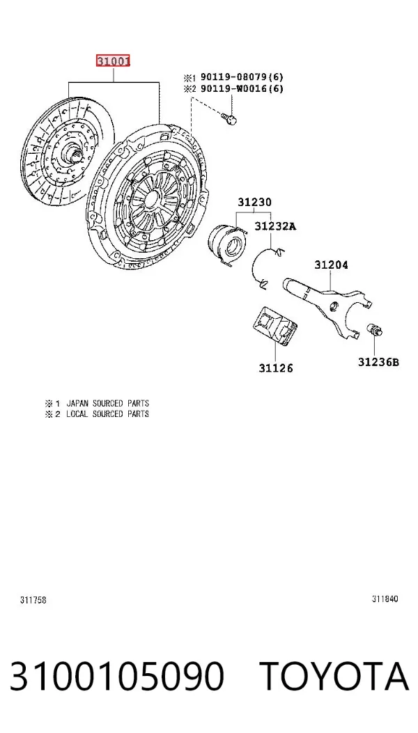 Zestaw sprzęgła (3 części) 3100105090 Toyota
