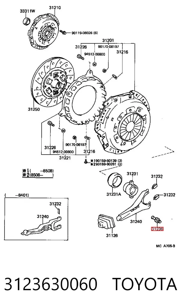 Oś widełek sprzęgła 3123630060 Toyota