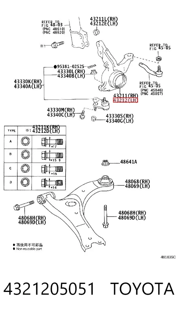 Czop (zwrotnica) przedni lewy 4321205051 Toyota