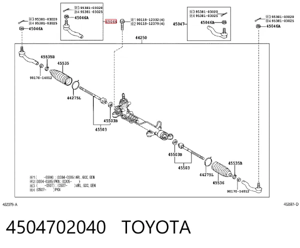Końcówka drążka kierowniczego zewnętrzna 4504702040 Toyota