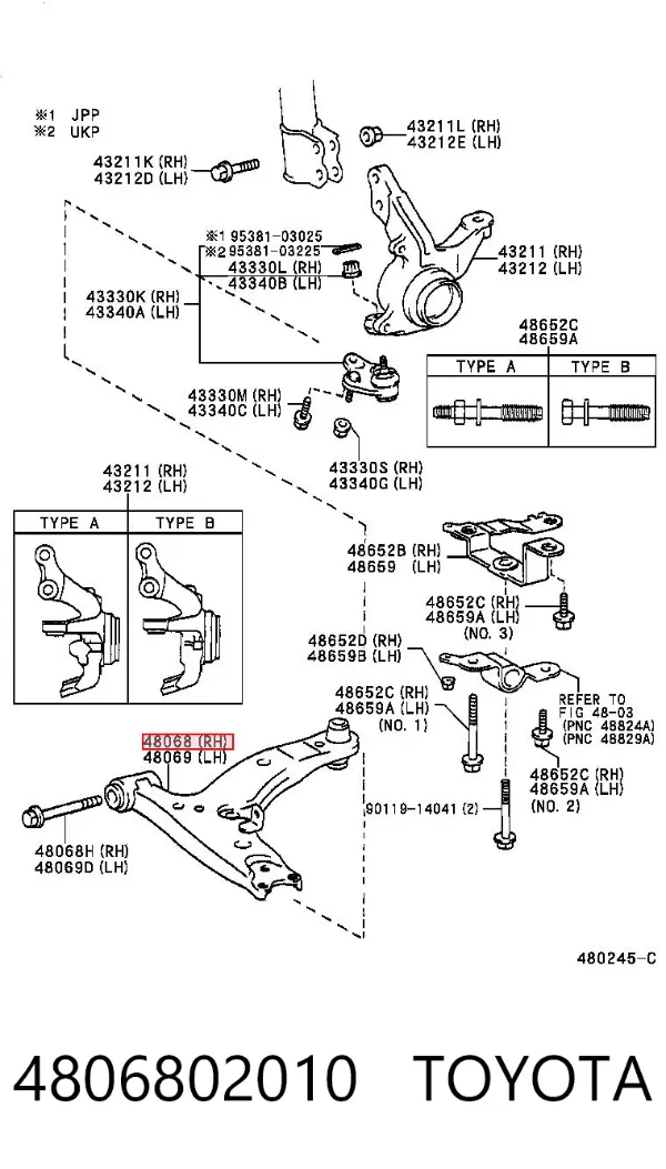 Wahacz zawieszenia przedniego dolny prawy 4806802010 Toyota