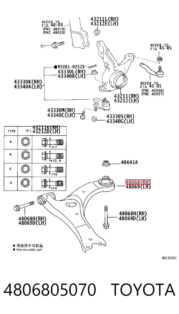 Wahacz zawieszenia przedniego dolny prawy 4806805070 Toyota