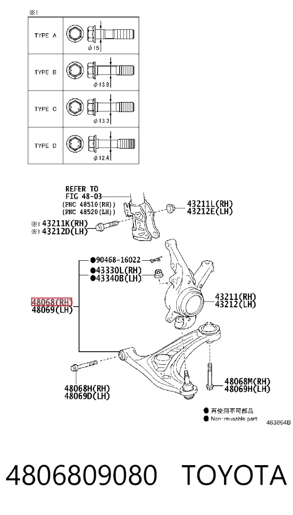 Wahacz zawieszenia przedniego dolny prawy 4806809080 Toyota