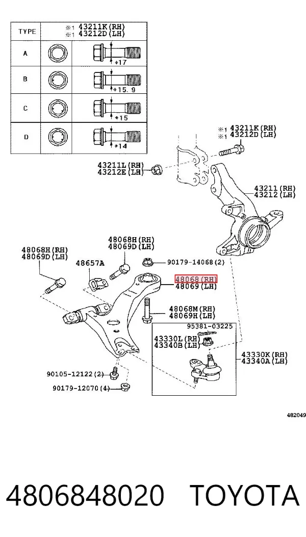 Wahacz zawieszenia przedniego dolny prawy 4806848020 Toyota
