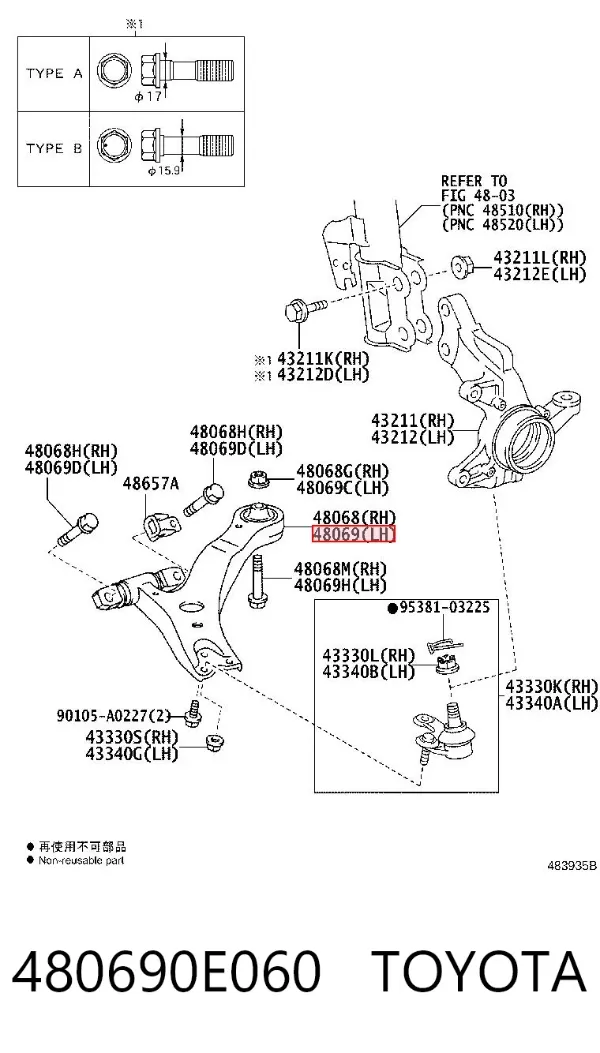Wahacz zawieszenia przedniego dolny lewy 480690E060 Toyota