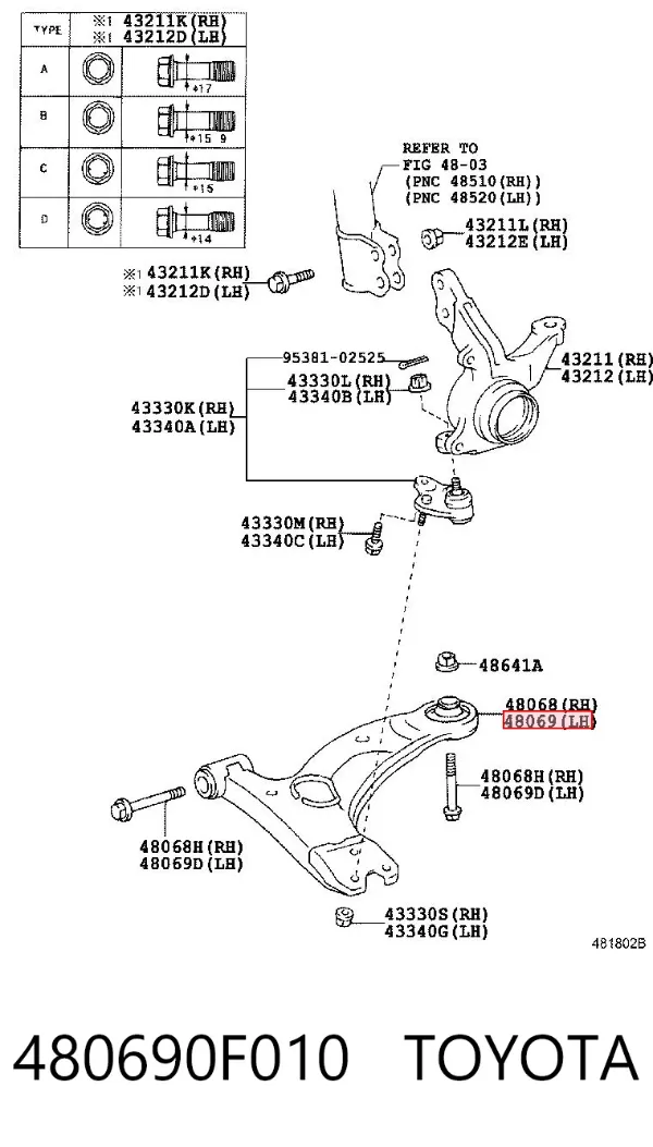 Wahacz zawieszenia przedniego dolny lewy 480690F010 Toyota