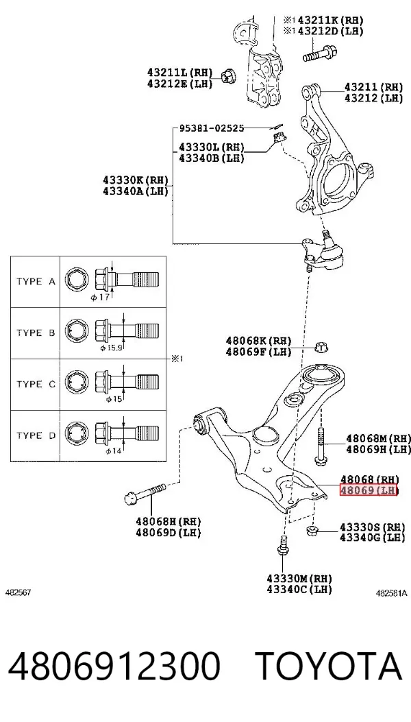 Wahacz zawieszenia przedniego dolny lewy 4806912300 Toyota
