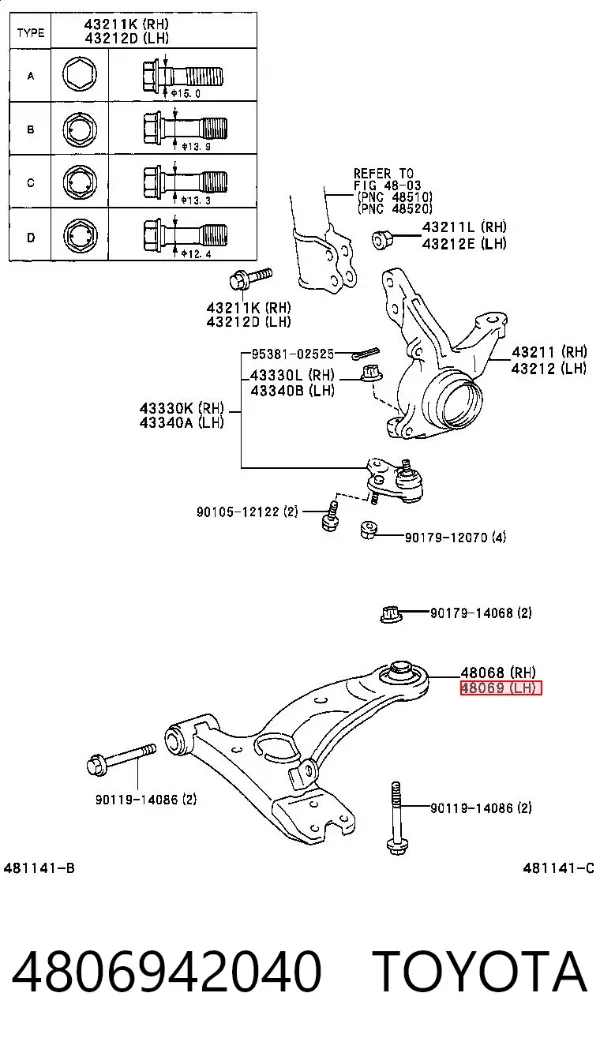 Wahacz zawieszenia przedniego dolny lewy 4806942040 Toyota