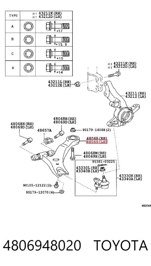 Wahacz zawieszenia przedniego dolny lewy 4806948020 Toyota