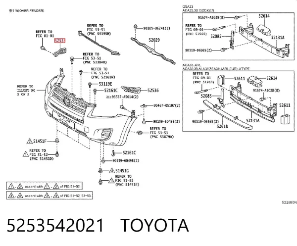 Wspornik zderzaka przedniego prawy 5253542021 Toyota