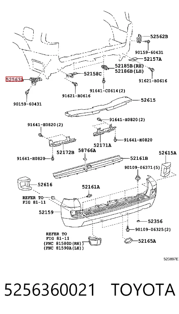 Prowadnica zderzaka tylnego lewa 5256360021 Toyota