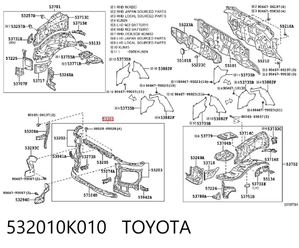 Osłona chłodnicy kompletna (panel mocowania reflektorów) 532010K010 Toyota