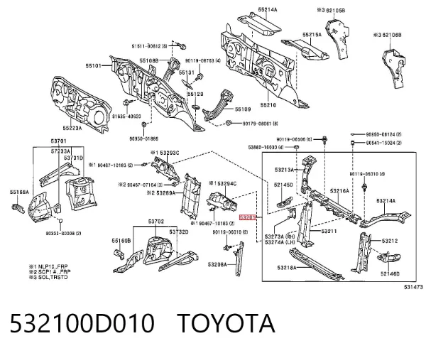 Osłona chłodnicy kompletna (panel mocowania reflektorów) 532100D010 Toyota