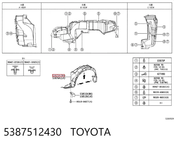 Nadkole błotnika przedniego prawe 5387512430 Toyota